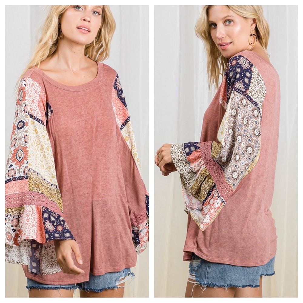 Bohemian print & solid knit fabric color block top - Picture 3 of 7